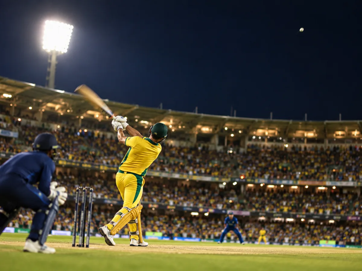 BBL cricket batsman hitting a six under lights
